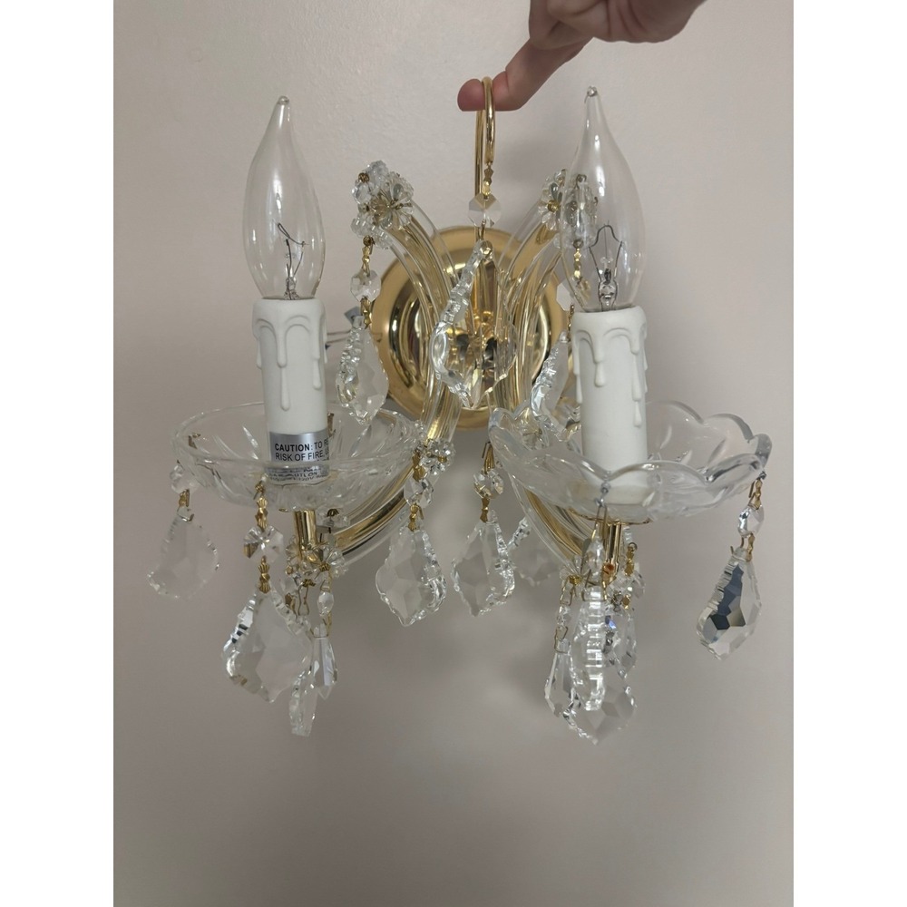 Vintage 2 Light Crystal Wall Sconce Gold Polished Candelabra Glass Prisms Lamp